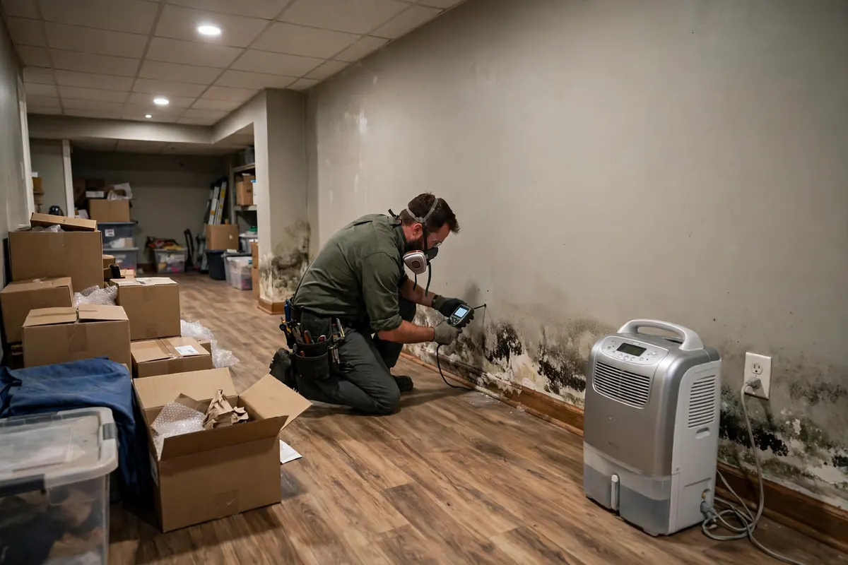 Basement mold remediation Nashville: a technician in protective gear removing mold-damaged drywall from a Nashville basement under plastic containment