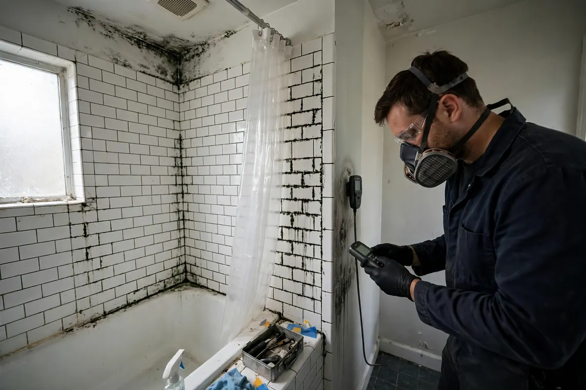 Bathroom mold removal Nashville: a technician cleaning mold from shower tile and grout in a Nashville home bathroom
