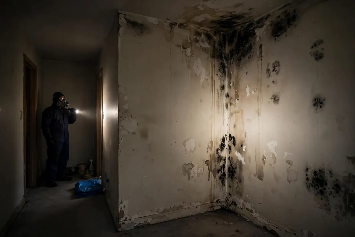 Black mold removal Nashville: a contained work area with plastic sheeting and a HEPA air scrubber beside a wall with black mold growth in a Nashville home