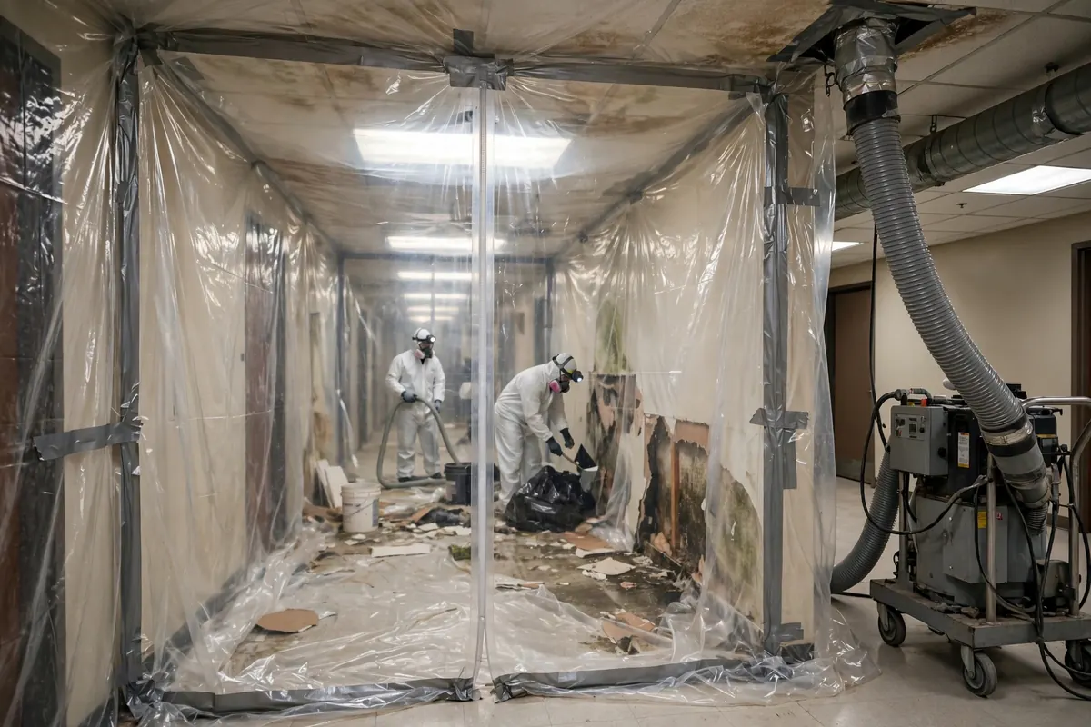 Commercial mold remediation Nashville: a sealed containment zone inside a Nashville office building, with negative air equipment running and a clear corridor beyond the barrier