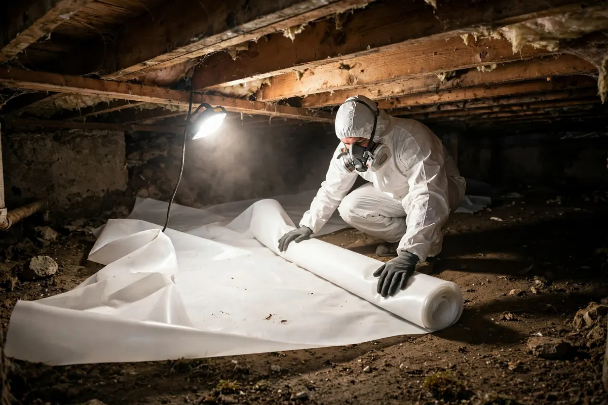 Crawl space mold remediation Nashville: a technician cleaning mold from floor joists under a Nashville brick ranch home