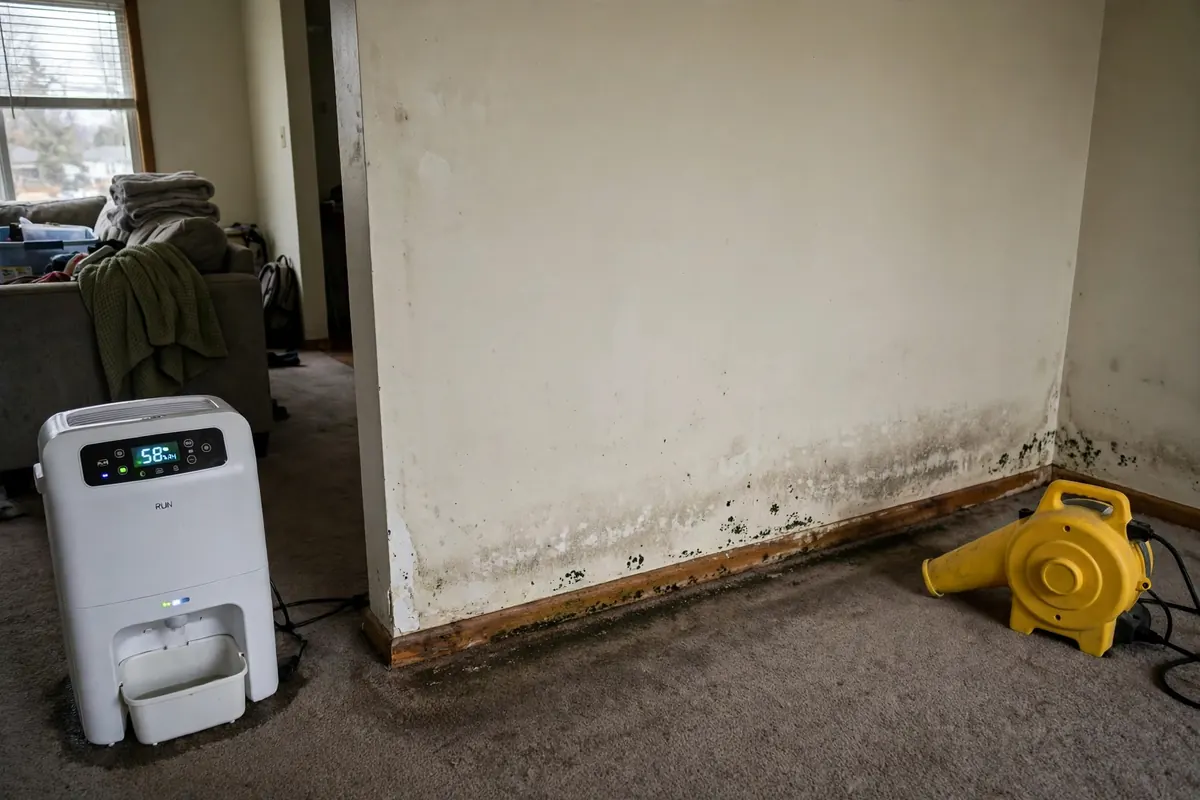 Mold after water damage: early mold growth appearing on a water stained wall and baseboard in a Nashville home after a leak