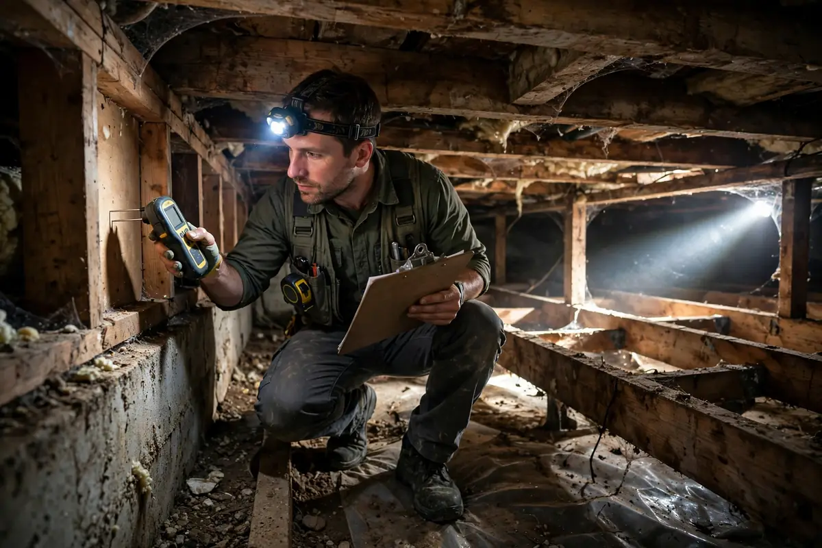 Mold inspection Nashville: an inspector taking a moisture meter reading on a stained wall inside a Nashville home, with a flashlight and sample kit beside him