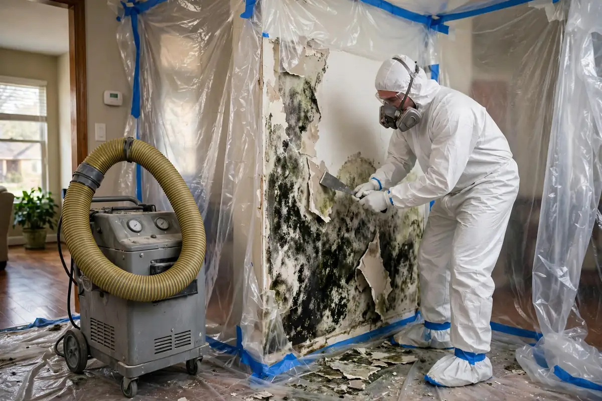Mold remediation Nashville: a technician in protective gear removing moldy drywall inside a containment barrier in a Nashville home