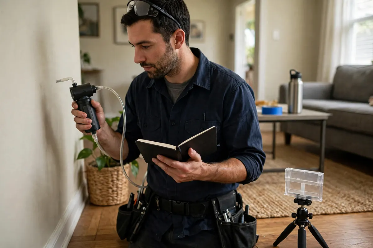 Mold testing Nashville: a technician running an air sampling pump with a spore trap cassette in a Nashville living room during a mold test