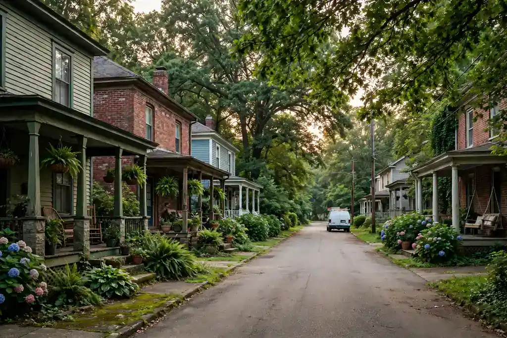 A Nashville, Tennessee street of postwar brick ranch homes, the housing stock where mold remediation in the service area most often starts in the crawl space